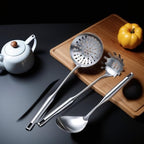 316 Stainless Steel Cooking Tool Set: saute pan spatula ladle, skimmer slotted, pasta, serving spoon, slotted spatula seasoner, dishwasher safe.