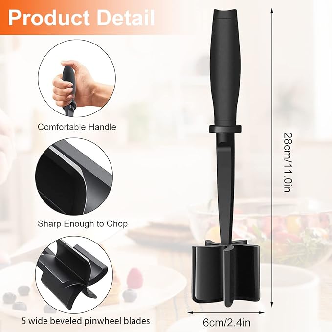 6Pcs Meat Masher, Nylon Nonstick Ground Beef Chopper with 5 Curved Blades & Ergonomic Non-Slip Handle, Heat-Resistant Potato Masher for Kitchen