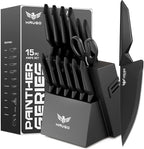 Knife Set - Haugo 15 PCS Kitchen Knife Set with Built in Sharpener - Dishwasher Safe Kitchen Knives - High Carbon Stainless Steel Knife Block Set with Ergonomic Handles - Panther Series