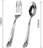 BUCLA 200 Pieces Silver Plastic Silverware - Heavy Duty Disposable Cutlery set - 100 Silver Plastic Forks, 100 Disposable Spoons for Catering, Parties, Dinners, Weddings and Christmas