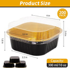 200 Pack 10 oz Black Gold Mini Aluminum Cake Pans with Lids and Spoons, Disposable Square Baking Cups, Oven Safe Foil Ramekins for Individual Desserts, Cupcakes, Cheesecakes Ramekins Muffin