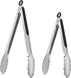 ALLTOP Metal Cooking Tongs,Stainless Steel Food Tong with No-slip Silicon and Locking Ring for Kitchen - 9 &12 inch,Set of 2-Black
