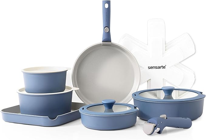 SENSARTE 17 Piece Ceramic Pots and Pans Set, Nonstick Detachable Handle Cookware, Induction Kitchen Cookware Set with Removable Handle, Dishwasher ＆ Oven Safe (Navy)