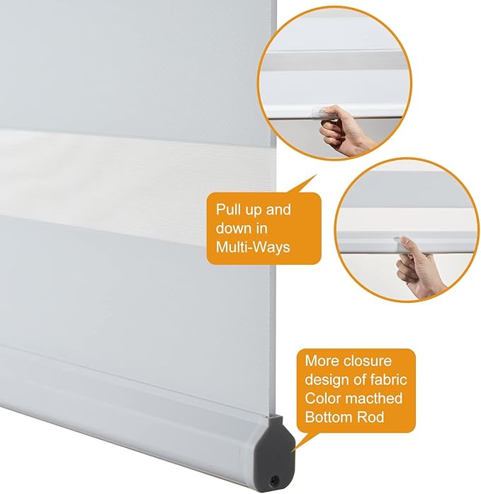 Persilux Cordless Zebra Blinds for Windows Shades (65" W x 72" H, White) Dual Layer Fabric Light Control for Day and Night Room Darkening Sheer Roller Shades for Home, Bedroom and Office