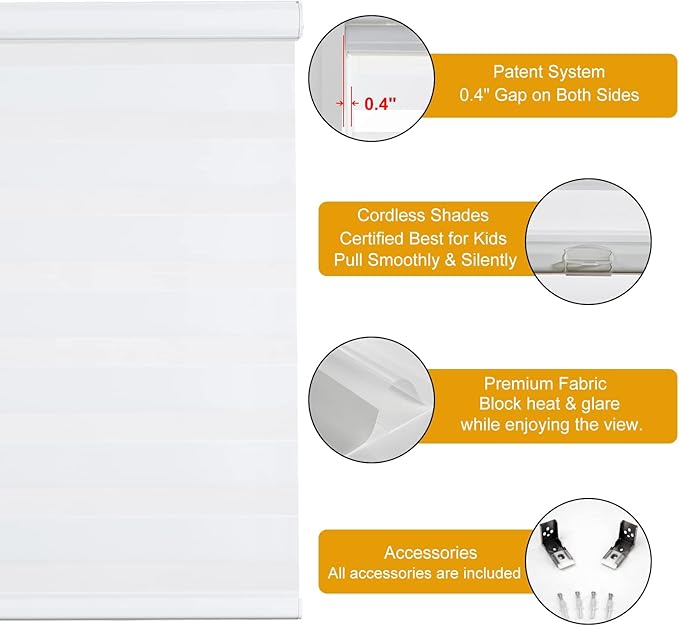 Persilux Cordless Zebra Blinds for Windows, Light Filtering Roller Shades for Windows (36.5" W x 72" H, White) Light Control for Day and Night, Light Filtering Sheer Shades for Home, Office, Bedroom