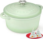 Overmont Enameled Cast Iron Dutch Oven - 5.5QT Pot with Lid Cookbook & Cotton Potholders - Heavy-Duty Cookware for Braising, Stews, Roasting, Bread Baking Verdant