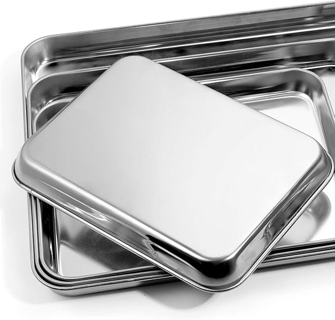 Baking Sheet with Silicone Mat Set, Set of 8 (4 Sheets + 4 Mats), Stainless Steel Cookie Sheet Baking Pans with Reusable Silicone Baking Mat, Non Toxic & Heavy Duty & Easy Clean