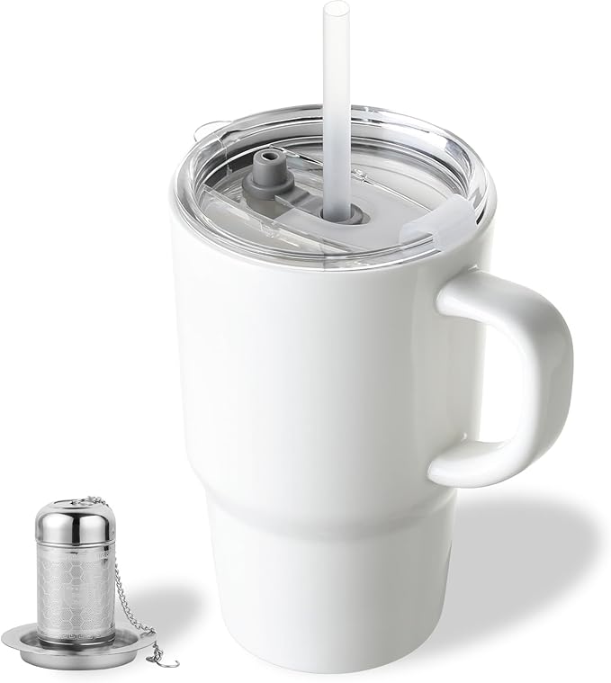Sweejar Ceramic Travel Mug with Lid, 16 oz Portable Coffee Mug, Dishwasher Safe Tea Cup with Infuser, Reusable Teacup for Car Cup Holder, Tea Lovers(White)