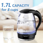 Aigostar Electric Kettle, 1500W Cordless Electric Tea and Hot Water Kettle with Filter, LED Illuminated, High Borosilicate Glass, No BPA, Auto Shutoff, Boil-Dry Protection, 360° Base, 1.7 Liter