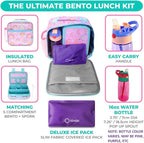 Bento Lunch Box with Insulated Bag, Water Bottle & Ice Pack Set for Kids Toddlers, 4 Portion Sections, Removable Tray, Pre-School Girl Kid Toddler Daycare Lunches, Snack Container, Purple Rainbow