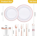 Goodluck 700 Piece Rose Gold Plastic Dinnerware Set for 100 Guests, Disposable Plates for Party, Include: 100 Dinner Plates, 100 Dessert Plates, 100 Pre Rolled Napkins with Silverware, 100 Cups