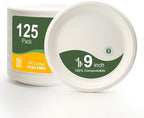 WELLIFE 100% Compostable Paper Plates 9 Inch, 125-Pack Heavy Duty Paper Plates Bulk,Biodegradable Bagasse,Eco-Friendly Disposable Dinner Plate for BBQ,Picnic,Party (BPI Certified,Microwaveable)