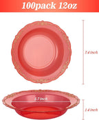 100 Pack Clear Red Plastic Bowls with Gold Rim, 12oz Plastic Salad Bowl, Disposable Bowls for Party, Dinners, Weddings, Christmas, Thanksgiving