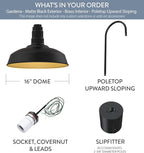 Steel Lighting Co. Gardena Barn Light | Outdoor Pole Top Mounted | 16" Dome | Upslope Gooseneck with Slip Fitter for 2-3/8" Standard Poles | Made in America | Matte Black Exterior/Brass Interior