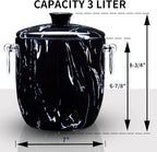 Ice Bucket with Lid, Scoop, Tongs and Strainer - Well Made Insulated Stainless Steel Keep Ice Frozen Longer - Ideal for Cocktail Bar, Parties, Chilling Wine, Champagne - 3 Liter (Black Marble)