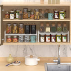 Expandable Cabinet Shelf Organizer, Stackable Pantry Cabinet Counter Under Sink Shelves Inside Cabinet Storage for Kitchen Bathroom Office, 2 Packs, White