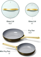 Caraway Ceramic Nonstick Fry Pan Set with Glass Lids – Includes Two 10.5” Fry Pans, One 8” Fry Pan, & Three Lids - Non Toxic, PTFE & PFOA Free - Oven Safe & Compatible with All Stovetops - Black