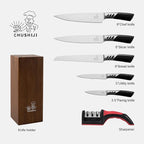 Knife Block Set, 7 Piece Cooking Knife Set, Premium Kitchen Knife Set with Knife Block and Sharpener, Hardwood Brown Knife Set，New Apartment Gift