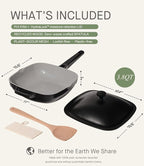 10.5 Inch(3.8QT) Ceramic Pan with Lid,Non Stick Frying Pans Cast Aluminum Deep Sauté Pans,Ti-Ceramic Non Toxic Pix Pan with Wooden Spatula and Scrubber-Midnight Hearth