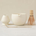 Matcha Whisk Set, Ceramic Matcha Bowl & Whisk Holder, Bamboo Accessory, Modern Design (Matte Crème, Pouring Spout)