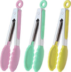 Small Tongs with Silicone Tips 7-Inch Serving Tongs, Set of 3 (Pink Mint Yellow)