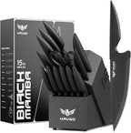 Knife Set - Haugo 15 PCS Kitchen Knife Set with Built in Sharpener - High Carbon German Stainless Steel - Dishwasher Safe Knife Block Set - Anti-Slip Handle - Black Mamba Series