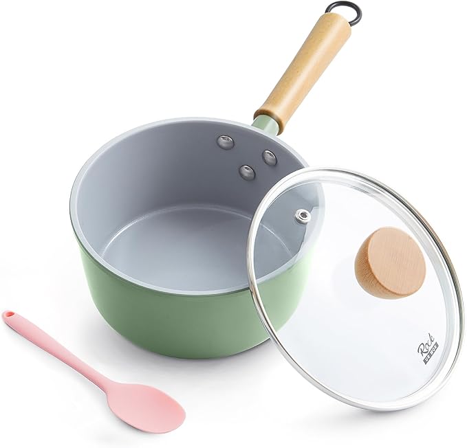 ROCKURWOK Ceramic Nonstick Sauce Pan with Lid, 1.5 Qt Small Pots for Cooking, Small Pot Wooden Handle for Cool Touch, Non Toxic & Pfas-Free Saucepan, Universal Base(Gas, Electric & Induction), Green