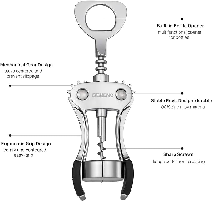 Beneno Wine Opener with Stainless Steel Wine Foil Cutter - Bottle Top Seal Cutter, Zinc Alloy Premium Wing Corkscrew with Multifunctional Bottles Opener, Upgrade