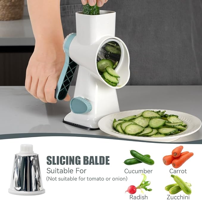 KEOUKE Rotary Cheese Grater Hand Crank White - Shredder Slicer Grinder 3 Stainless Steel Blades, Stable Suction, Labor-Saving Handle, Safe Kitchen Tool for Cheese, Vegetable, Nuts, Chocolate