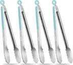 Tongs for Cooking, 12-Inch Stainless Steel Kitchen Tongs, Locking Metal Food with Silicone Non-Slip Grip, Kitchen Utensils for Food, Salad and Outdoor BBQ, Set of 4 (Blue)