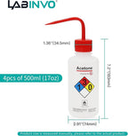 4pcs of Acetone Wash Bottles, Vol.500ml (17oz), Narrow Mouth, Self-Venting Safety Wash Bottles, LDPE Material, IN-WBA500