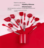 Silicone Kitchen Tools - Non - Stick, Anti - Slip, High - Temperature Resistant, Scald - Proof 14 - Piece Set with Stainless Steel Tube Handles & a Storage Bucket (Red)