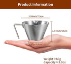 2 Pcs Espresso Cups with Handle, Stainless Steel, Double Spout Metal Measuring Cup with Dual Scale, Espresso Shot Cup with V-Shaped Mouth, 3.4oz/100ml(Silver)