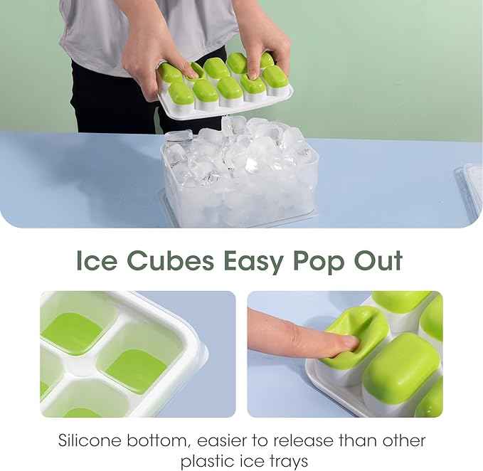 DOQAUS Ice Cube Tray with Lid and Bin, 4 Pack Silicone Plastic Ice Cubes Trays for Freezer with Box/Container, Stackable with Storage Iced Bucket Kits, Scoop, for RV, Soup, Food, Cocktail, Coffee