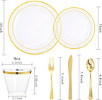 bUCLA 300Pcs Clear Gold Plastic Disposable Dinnerware Set - Clear Plates with Gold Trim Include 50 Dinner / 50 Dessert Plates,50 Cups,150 Plastic Silverware Set for Party, Fall & Thanksgiving