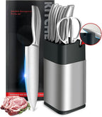 6Pcs Professional Chef Knife Block Set, Silver Stainless Steel Sharp Knives Set for kitchen with Built-in Sharpener Ergonomic Handle, Heavy Duty Cleaver &Butcher for Meat Bone Vegetables Fruit Cutting