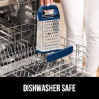 GORILLA GRIP 4-Sided 100% BPA-Free Cheese Grater With Container, Stainless Steel XL Box Graters, Parmesan Shredder, Grate Cheeses, Shred Veggies, Slip Resistant Handle, Dishwasher Safe Zester, Blue