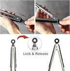 2 Pack Stainless Steel Silicone Cooking & Serving Tongs, 7 & 9 Inch, Black, Locking Handle, Heat Resistant, Dishwasher Safe