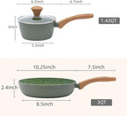 Nonstick Cookware Set, 2-Piece Non-Toxic Coated 10.25 Inch Frying Pan & Saucepan with Lid, PFOA Free Dishwasher Safe, Induction Compatible, Beginner Kitchen Pots and Pans Set, Green