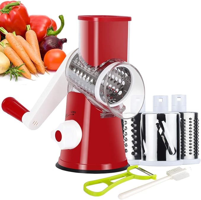 Ourokhome Rotary Cheese Grater Hand Crank, Kitchen Shredder Speed Mandolin Slicer Nut Grinder with Handle and Drum Blades for Cheese, Vegetable, Walnut, Chocolate, Potato, Carrot, 3 Blades, Red