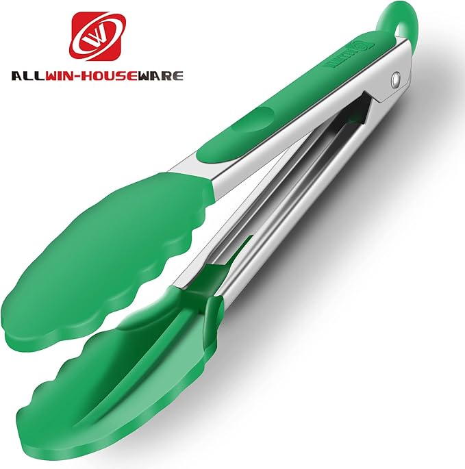 9-Inch & 12-Inch Premium Stainless Steel Food Tongs, Turquoise Silicone BPA Free Non-Stick BBQ Cooking Grilling Locking Kitchen Tong