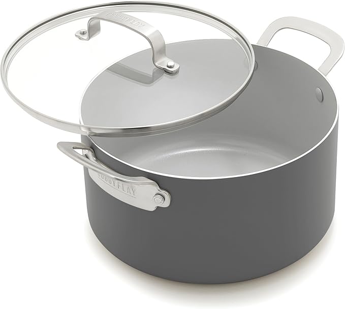 GreenPan x Bobby Flay 6QT Stockpot with Glass Lid, PFAS-Free Diamond Ceramic Nonstick Pot, Induction Suitable, Easy Clean Dishwasher & Oven Safe, Quick Heating, Pasta, Soups, Graphite