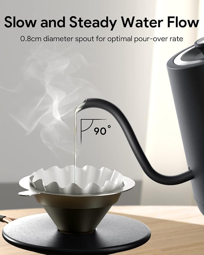 Gooseneck Electric Tea Kettle Pour-Over Kettle for Coffee, with 5 Variable Presets, 100% Stainless Steel Inner, with Keep Warm and Mute Function 0.8L, 1000W Quick Heating, Matte Black