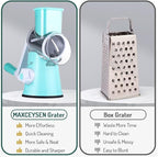 Rotary Cheese Grater with Handle Vegetable Shredder Round Kitchen Slicer Mandoline Grater for Vegetable, Nuts, Chocolate, Cheese, White, 3 Stainless Steel Blades