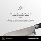 DURA LIVING Chef Knife, 8 Inch Nonstick Titanium Plated Stainless Steel Ultra Sharp Blade, With Ergonomic Comfort Grip Handle Chef's Cooking Knife, With Matching Sheath