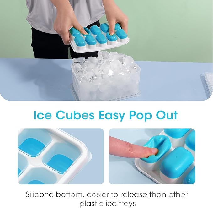 DOQAUS Ice Cube Tray with Lid and Bin, 4 Pack Silicone Plastic Ice Cubes Trays for Freezer with Box/Container, Stackable with Storage Iced Bucket Kits, Scoop, for RV, Soup, Food, Cocktail, Coffee