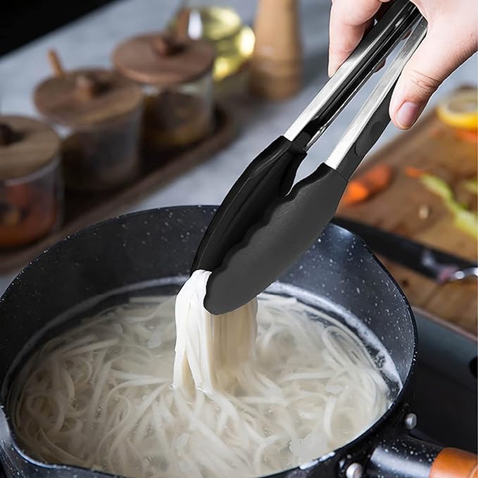Mini Tongs with Silicone Tips 7-Inch Kitchen Tongs, Set of 3 (Black)