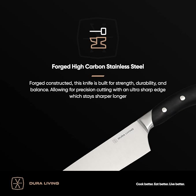 DURA LIVING 3-Piece Kitchen Knife Set – Ultra-Sharp German Stainless Steel, 8” Chef, 5” Utility, and 3.5” Paring Knives with Ergonomic Handles, Multipurpose Kitchen Knife Set, Black