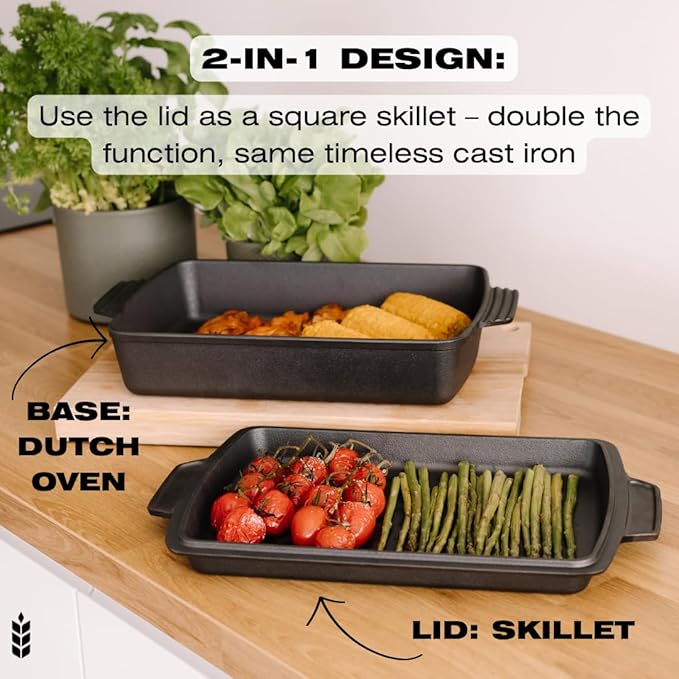 Kuha 2-in-1 Square Cast Iron Dutch Oven, 6 QT – Skillet Lid & Casserole Dish, Pre-Seasoned 13×9 Baking/Roasting Pan, Oven-Grill-Campfire Safe, Comes with Chainmail Scrubber