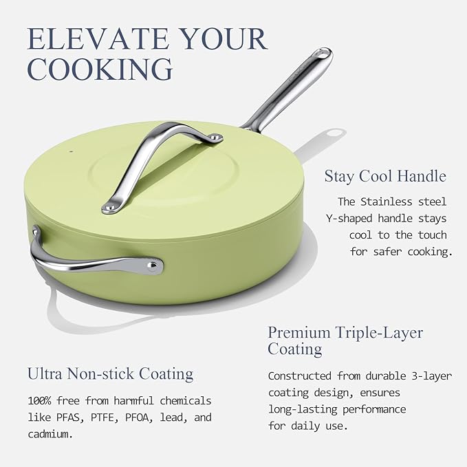 Nonstick Ceramic Sauté Pan with Lid (4.5 qt, 11") Deep Frying Pan for All Cooktops Non Toxic Skillet PTFE/PFAS Free, Dishwasher & Oven Safe up to 500°F w/Stay-Cool Handle, Olive Green